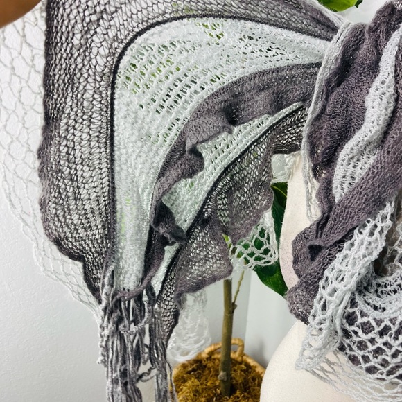 Grey Knit Ruffle Fringe Soft Acrylic Scarf - Picture 4 of 6